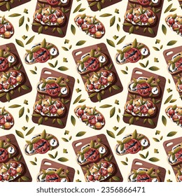 Seamless pattern with Italian bruschetta. Toasted bread with tomatoes, cheese, basil, balsamic vinegar. Italian food, healthy eating, cooking, recipes, restaurant menu concept. Vector illustration.