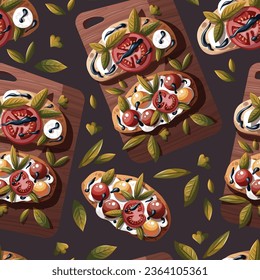 Seamless pattern with Italian bruschetta. Toasted bread with tomatoes, cheese, basil, balsamic vinegar. Italian food, healthy eating, cooking, recipes, restaurant menu concept. Vector illustration.