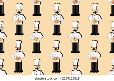 Patrón sin foco con el chef italiano con deliciosa pizza en la mano. El cocinero con el sombrero de chef blanco. Una persona en sus manos con una pizza margarita. Pancarta de pizzería.
