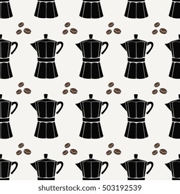 Seamless pattern with Italian coffee makers and beans in black and brown on cream background.