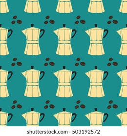 Seamless pattern with Italian coffee makers and beans on blue background.