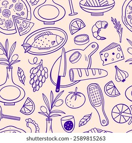 Seamless pattern with Italian cuisine. Hand drawn food background for wrapping paper, fabric and menu design. Vector illustration. Vector illustration