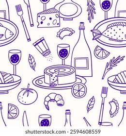 Seamless pattern italian cuisine. hand drawn pattern for menu printing, fabric and wrapping paper. Vector illustration