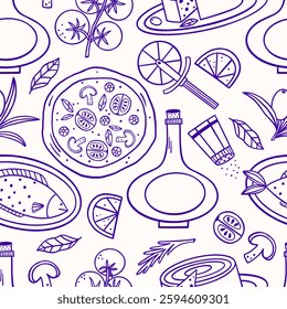 Seamless pattern of Italian cuisine. Hand drawn background for wrapping paper fabric and menu. Vector illustration.