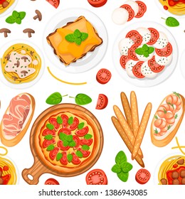 Seamless pattern. Italian cuisine. Pizza, spaghetti, risotto, bruschetta and grissini. Classic italian food on plates and wooden plank. Flat vector illustration on white background.