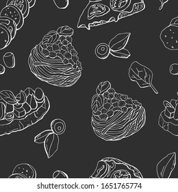 Seamless pattern of italian cuisine. Pizza, carbonara, bruschetta, caprese, ravioli. Line art illustration. Stock illustration. Design for textiles, packaging, fabrics, menus, restaurants, cafes.