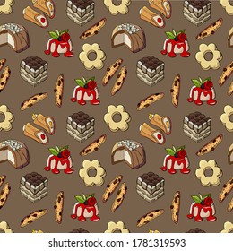 Seamless pattern of italian desserts. Canestrelli, Cannoli, Panna Cotta, Tiramisu, Zuccotto, Biscotti. For the design of cafe, restaurant, wallpaper, wrapping paper, packaging.
