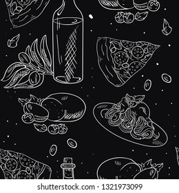 Seamless pattern with Italian food in doodle style on black background. Wallpaper and textile design. Wrapping paper Good for printing.