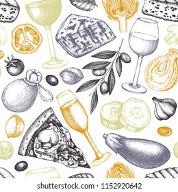 Seamless pattern with italian food and drinks sketches. Hand drawn restaurant menu illustration. Vintage cheese, vegetables, wine background. Dairy products vector design.