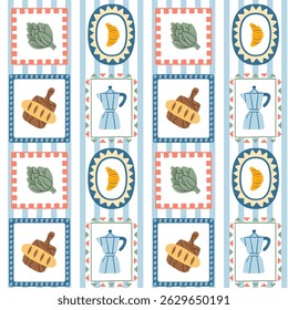 Seamless pattern with Italian food elements in decorative hand-drawn frames, including croissant, moka pot, bread, and artichoke, perfect for packaging, textile, and kitchen designs.