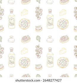 Seamless pattern with Italian food hand drawn doodle elements: limoncello, pizza, cheese, tomatoes, artichokes, bruschetta. Vector sketch background, wallpaper for kitchen, restaurant, packaging.
