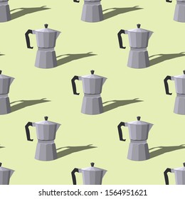 Seamless pattern with Italian geyser coffee makers on a green background. Vector flat illustration