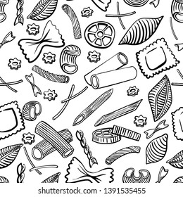 seamless pattern with italian macaroni of different kinds. Black hand draw on white background. Vector illustration
