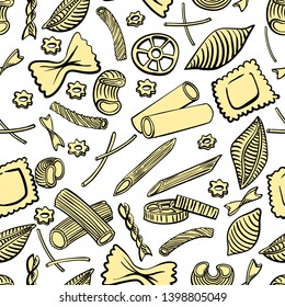 seamless pattern with italian macaroni of different kinds. Colored hand draw on white background. Vector illustration