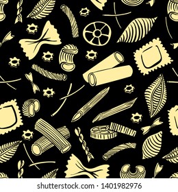 seamless pattern with italian macaroni of different kinds. light yellow coloured hand draw on black background. Vector illustration
