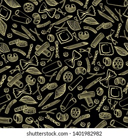 seamless pattern with italian macaroni of different kinds. light yellow coloured hand draw on black background. Vector illustration