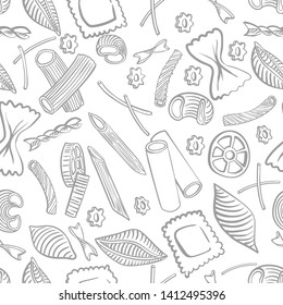 seamless pattern with italian macaroni of different kinds. light coloured hand draw on white background. Vector illustration