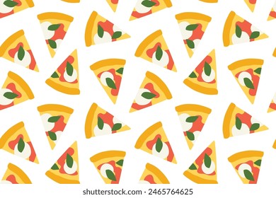 patrón sin fisuras con rebanadas de pizza de margherita italiana con queso mozzarella, salsa de tomate, aceite de oliva y hojas de albahaca- Ilustración vectorial