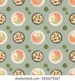 Seamless pattern with Italian Menu, pasta and two toasts. Healthy eating, nutrition, diet, cooking, fresh food concept. Perfect for product design, scrapbooking, textile, wrapping