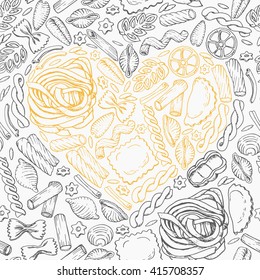  Seamless pattern with Italian pasta with heart. Vector  illustration for your design