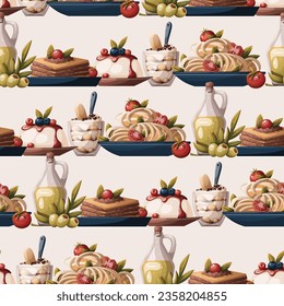Seamless pattern with Italian pasta, lasagna, olive oil, panna cotta, tiramisu. Italian food, dessert, healthy eating, cooking, recipes, restaurant menu concept. Vector illustration
