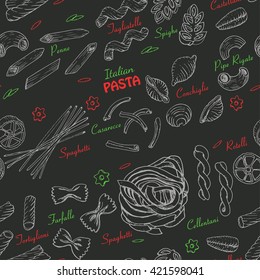 Seamless pattern with Italian pasta on black background