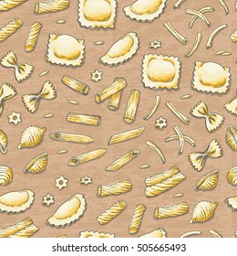 Seamless pattern with Italian pasta on a beige background. Vector illustration for your design