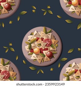Patrón incomparable con pasta y tomates italianos. comida italiana, comida saludable, cocina, recetas, concepto de menú de restaurante. Ilustración vectorial.