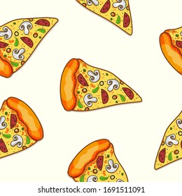 Seamless pattern with Italian pepperoni pizzas. Top view of pizza. Pizza for menu design, cafe design, t-shirts, bed linen.