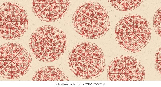 Seamless pattern with italian pizza. Italian fast food. Background with pizza salami and grainy texture. Round pizza. Sketch style illustration for menu. Engraved style