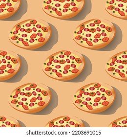 Seamless pattern with Italian pizza on beige background with shadow. Pepperoni pizza with olives and tomato slice. Print for the pizzeria's advertising banner. 