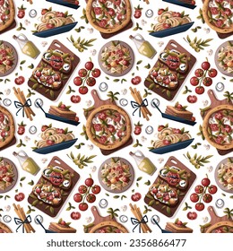 Seamless pattern with Italian pizza, pasta, bruschetta, lasagna, olive oil. Italian food, healthy eating, cooking, recipes, restaurant menu concept. Vector illustration.