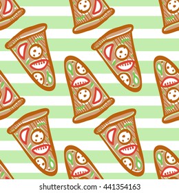 Seamless pattern of italian pizza with salami, pepperoni, basil and tomatoes on striped background in pop art style