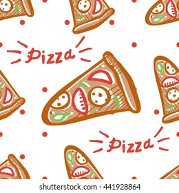 Seamless pattern of italian pizza with salami, pepperoni, basil and tomatoes in pop art style