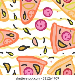 Seamless pattern of italian pizza with salami, pepperoni, basil and tomatoes. Vector illustration for fast food