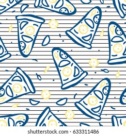 Seamless pattern of italian pizza with salami, pepperoni, basil and tomatoes. Vector illustration for fast food