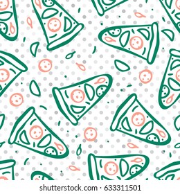 Seamless pattern of italian pizza with salami, pepperoni, basil and tomatoes. Vector illustration for fast food