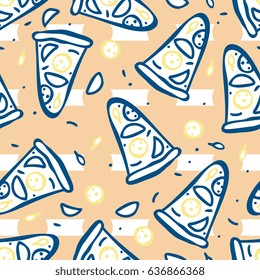 Seamless pattern of italian pizza with salami, pepperoni, basil and tomatoes. Vector illustration for fast food