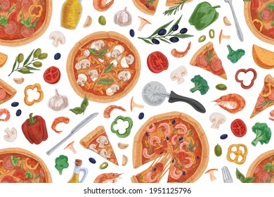 Seamless pattern with Italian pizza slices, ingredients and kitchen tools on white background. Hand-drawn endless design of repeatable texture for pizzeria. Colored vector illustration for printing