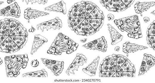 Seamless pattern with Italian pizza slices and ingredients. Italian fast food. Black and white background pizza pepperoni, salami, mushroom. Sketch style illustration for menu. Engraved style