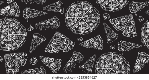 Seamless pattern with italian pizza slices and ingredients. Drawn on chalkboard italian fast food. Background with pizza pepperoni, salami, mushroom. Sketch style illustration for menu. Engraved style