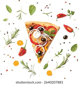 Seamless pattern of Italian pizzas with fresh tomato, basil, and cheese