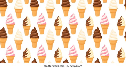 seamless pattern with italian soft serve ice cream assortment in waffle cone on white background