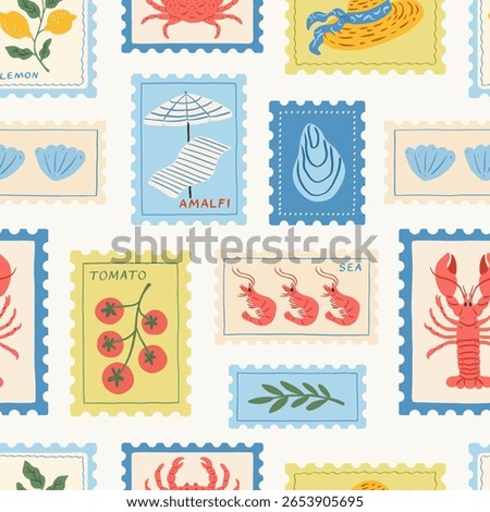 Seamless pattern with italian summer mediterranean postage stamps. Vacation in Italy. Amalfi. Hand drawn lobster, lemons, tomato, seashell, shrimp, crab, beach umbrella. Vector trendy illustration.
