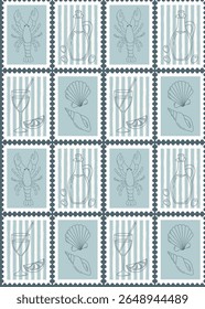 Seamless pattern with  Italian summer stamps in blue shades. Mediterranean background with lobster, wine, seashells, lemon, olive oil