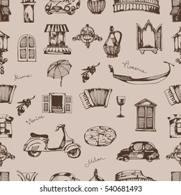 Seamless pattern. Italian vintage travel elements for scrapbook stickers, background, decorative design. Vector illustration in doodle style.