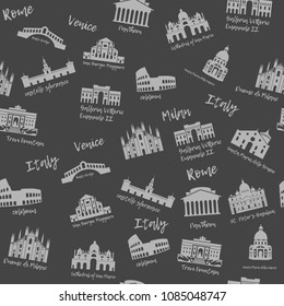 Seamless pattern of Italy. Building, landmarks of sities. Silhouette travel icons of the Colosseum, Galleria Vittorio, Pantheon, St. Peters Basilica, Trevi Fountain. Background of Venice, Milan, Rome