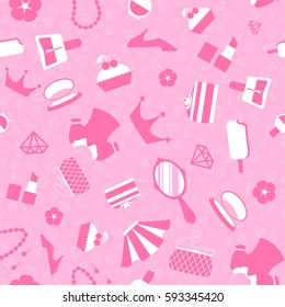 Seamless pattern items and accessories for the little Princess: blouse, shoes, skirt, mirror, beads, cake, ice cream, cake, lipstick, nail Polish, diamond, flower, handbag, crown, earring