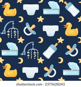 Seamless pattern of items for baby care carriage milk bottle and toys vector illustration on dark background