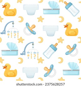 Seamless pattern of items for baby care carriage milk bottle and toys vector illustration on white background